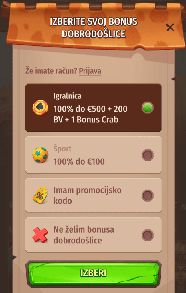 Izberite bonus dobrodošlice